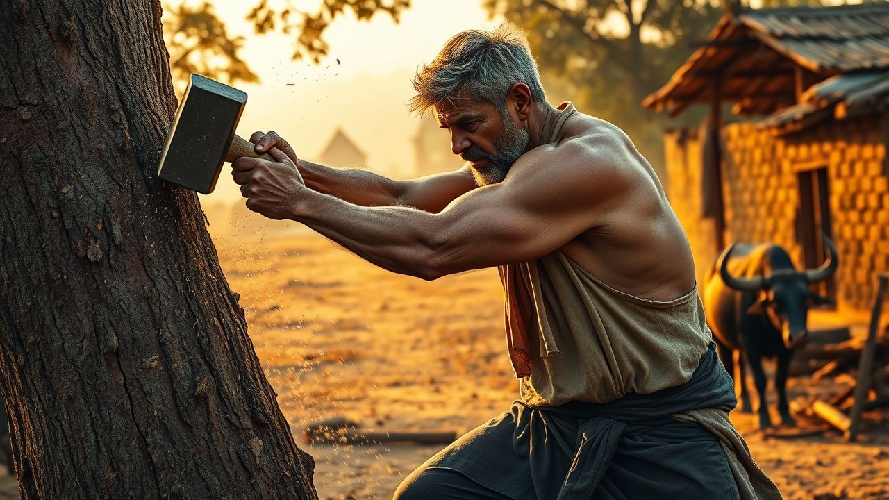 A photorealistic image of the same character described above: a 45-year-old muscular farmer bodybuilder mid-action cutting a thick tree trunk with a heavy hammer at the edge of a village field. Sawdust and wood chips flying, sunlight from the golden hour illuminating sweat on his brow. Rural background: distant mud-brick houses, a water buffalo tethered, scattered tools. Clothing: faded sleeveless kurta and dark lungi, leather sandals. Facial details: short salt-and-pepper hair, faint stubble, small scar on left cheek, determined proud expression. Realistic skin texture, dirt under nails, accurate shadowing and depth, 35mm focal length, shallow depth of field.