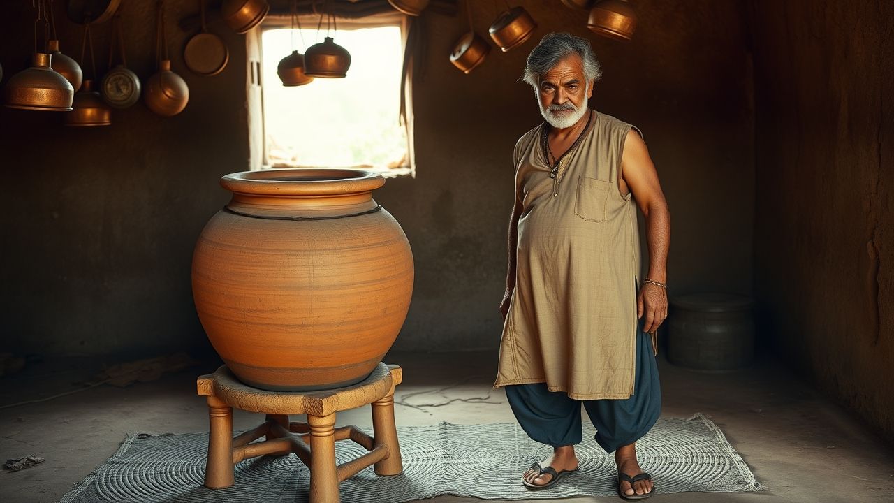 A photorealistic image of the same character described above standing inside a modest village home beside a large clay water jar (pani wala matka) on a low stand. He stands relaxed with one hand resting on the rim of the matka, expression gentle and proud. Interior: earthen floor, woven mat, hanging copper utensils, soft daylight through a small window. Clothing: faded sleeveless kurta and dark lungi, sandal, brass bangle. Facial details unchanged: salt-and-pepper hair, stubble, scar on left cheek. Photorealistic textures on clay jar, fabric, skin; natural window lighting, 50mm focal length.