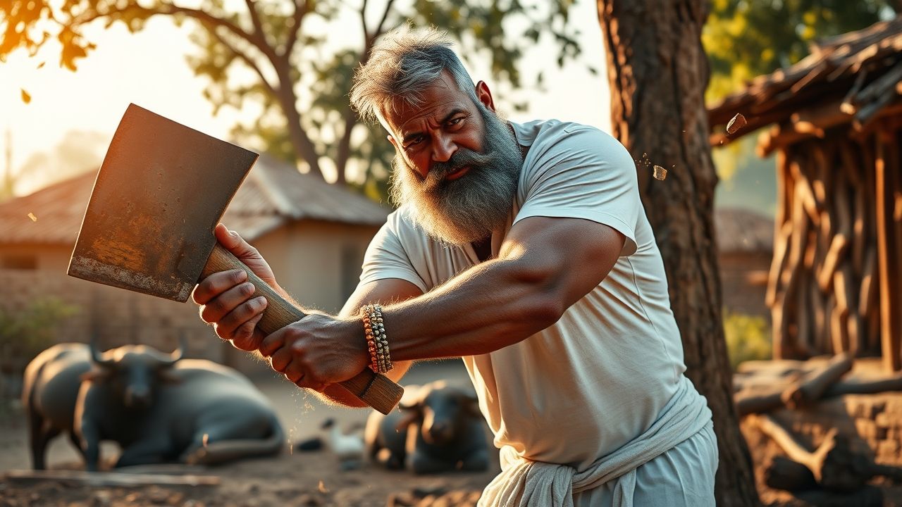 Photorealistic: 45-year-old very muscular farmer bodybuilder with weathered tan skin, short salt-and-pepper hair and a large full beard, small scar on left cheek, wearing a clean white short-sleeve shirt and white lungi, swinging a heavy axe to cut a thick tree trunk; sawdust and wood chips flying, sweat on his brow, golden-hour sunlight, rural village background with mud-brick houses and a water buffalo, callused hands, brass bangle on right wrist, realistic skin texture, 35mm, shallow depth of field.