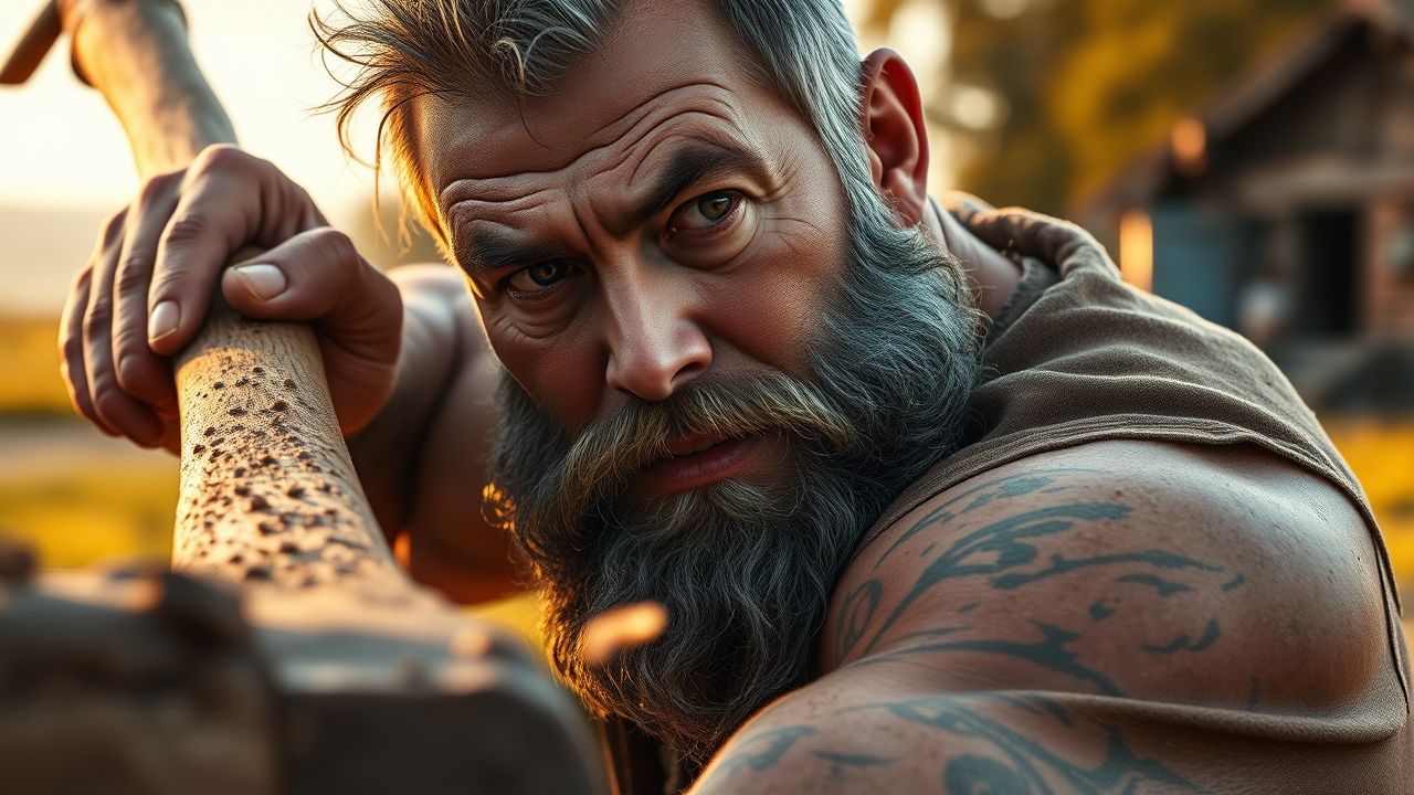 Photorealistic close-up action: same character (45, very muscular, large full beard, salt-and-pepper hair, cheek scar) mid-swing with a heavy axe splitting wood, intense focused expression, detailed dirt under nails and sweat-streaked shirt, flying wood chips and motion blur, warm late-afternoon light, village field background softly out of focus, lifelike textures and high-detail skin pores.