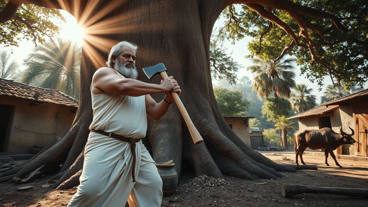 Photorealistic wide shot: same character (45, massive bodybuilder farmer, full beard, salt-and-pepper hair, left-cheek scar) cutting a large tree with a heavy axe at village edge, dynamic pose, dramatic sun rays through trees, scattered tools and a tethered buffalo in background, clean white shirt and white lungi, realistic shadows, cinematic color grading