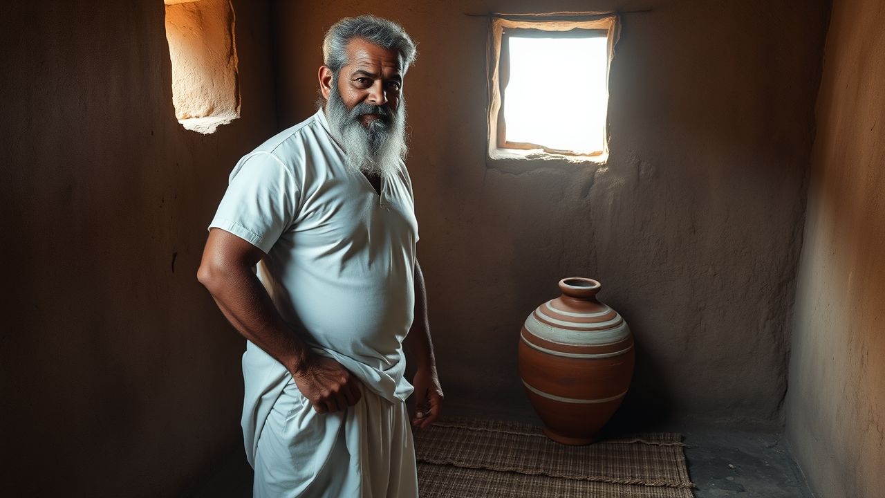 Photorealistic: same character (45, very muscular, large full beard, salt-and-pepper hair, small scar on left cheek) standing inside a modest village home beside a large clay water jar (pani wala matka) with one hand resting on the rim, wearing a clean white short-sleeve shirt and white lungi, soft daylight through a small window, earthen floor, woven mat, warm homely atmosphere, detailed skin and fabric textures, 50mm.