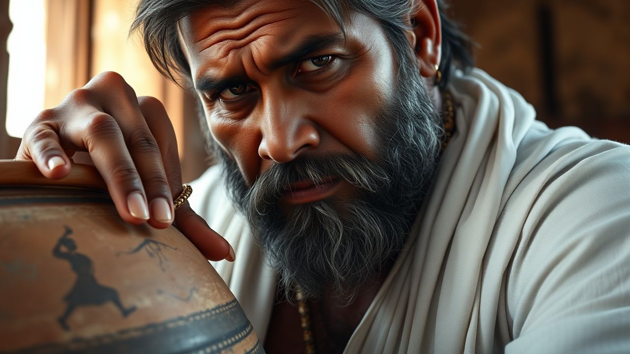 Photorealistic intimate portrait: same character (45, massive build, full beard, salt-and-pepper hair, cheek scar) half-body, hand on clay matka rim, gentle proud expression, soft natural window light illuminating beard and skin pores, visible callused hands and brass bangle, clean white shirt and white lungi, high-detail textures and realistic color tones.