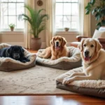 A cozy and stylish room showcasing the best dog beds for large dogs. The image features several high-quality, comfortable dog beds designed specifically for large breeds, each with a unique design. Include beds with plush cushions, orthopedic support, and durable materials. The setting is a warm and inviting living room, with soft lighting and a welcoming atmosphere. The beds are placed in different areas, with a few large dogs happily lounging on them, showcasing the comfort and suitability of each bed.