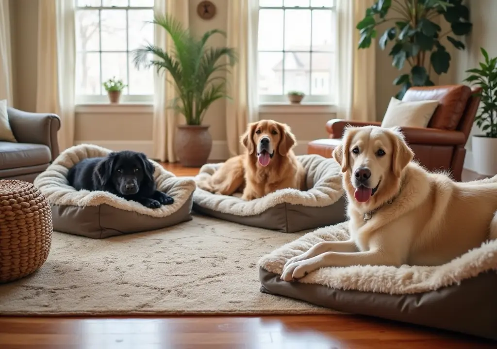 A cozy and stylish room showcasing the best dog beds for large dogs. The image features several high-quality, comfortable dog beds designed specifically for large breeds, each with a unique design. Include beds with plush cushions, orthopedic support, and durable materials. The setting is a warm and inviting living room, with soft lighting and a welcoming atmosphere. The beds are placed in different areas, with a few large dogs happily lounging on them, showcasing the comfort and suitability of each bed.