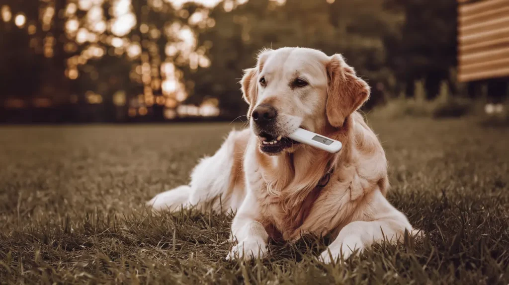 A dog lying down with a thermometer in its mouth, showing how to check a dog’s temperature